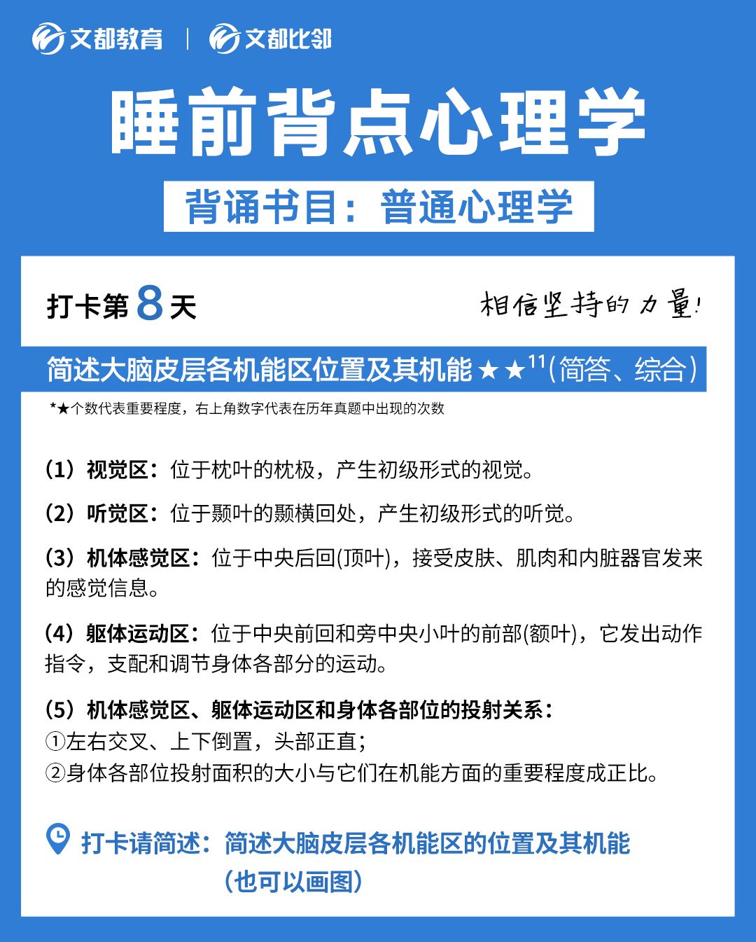 睡前背點心理學之文都考研：大腦皮層機能區位置及其機能